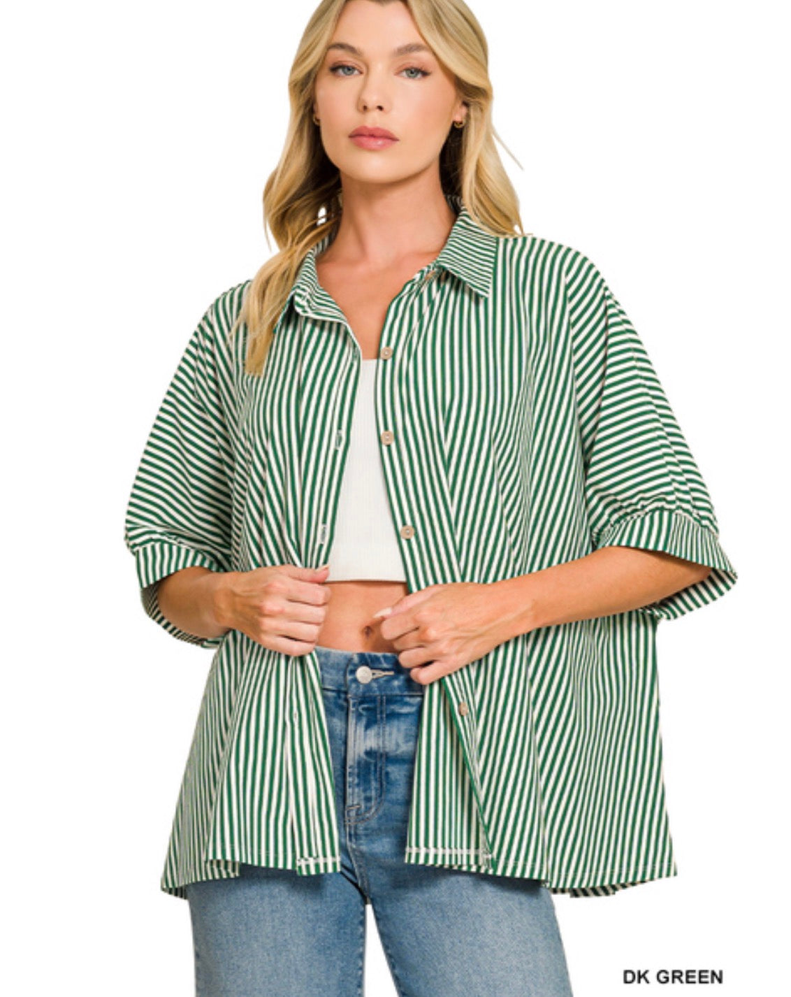 Dark Green Buttoned Up Striped Top