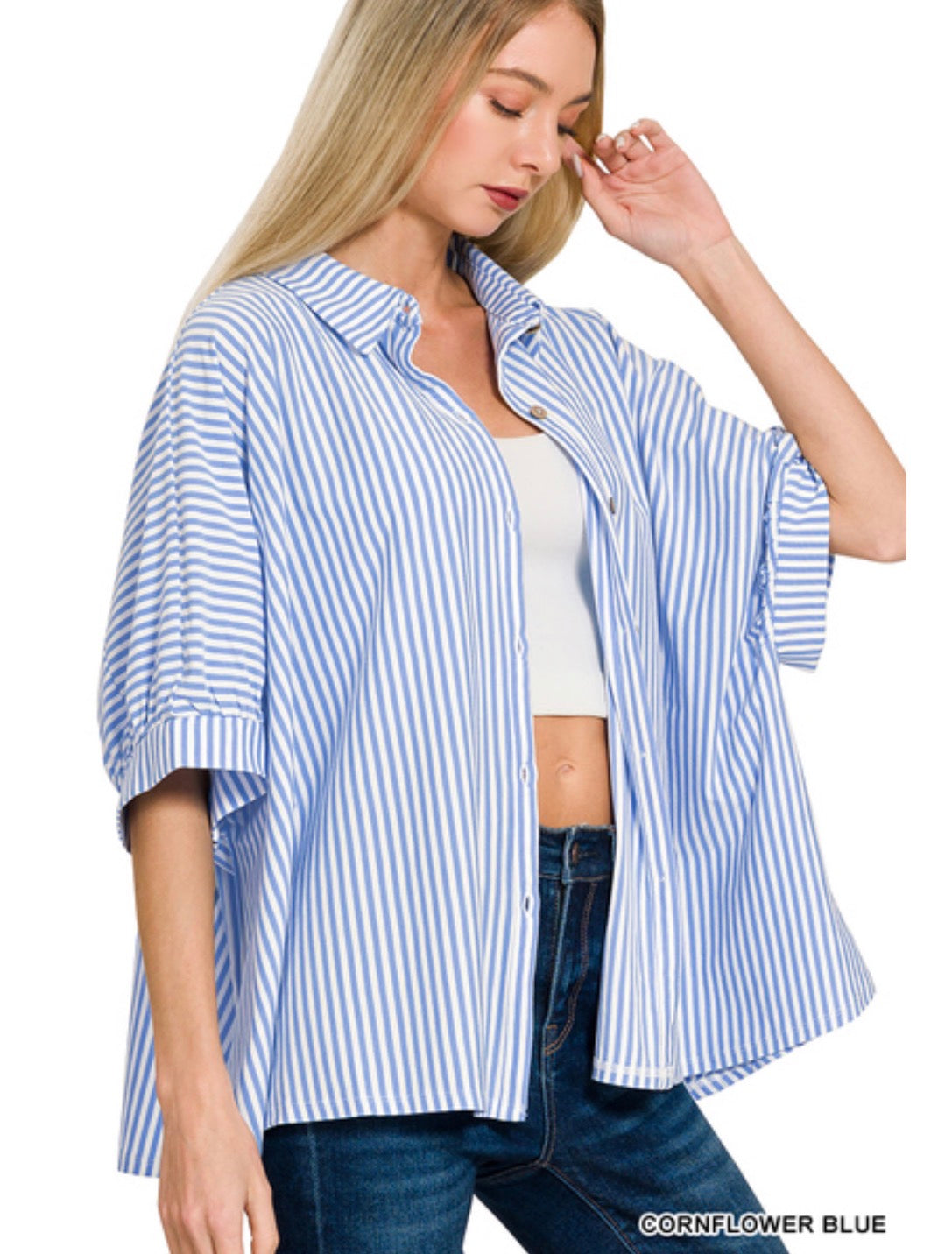 Baby Blue Buttoned Up Striped Top