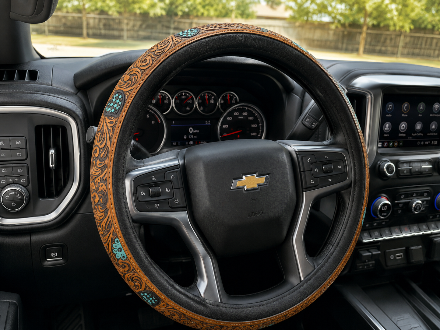 Tooled Turquoise Trail Steering Wheel Cover