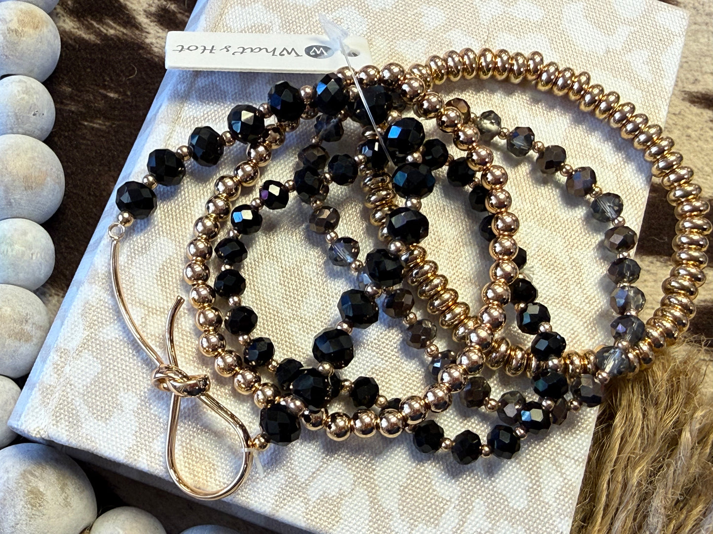 Multi Row Mixed Material Black Stretch Bracelet Set