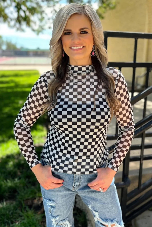 Checkered Charm Mesh Top