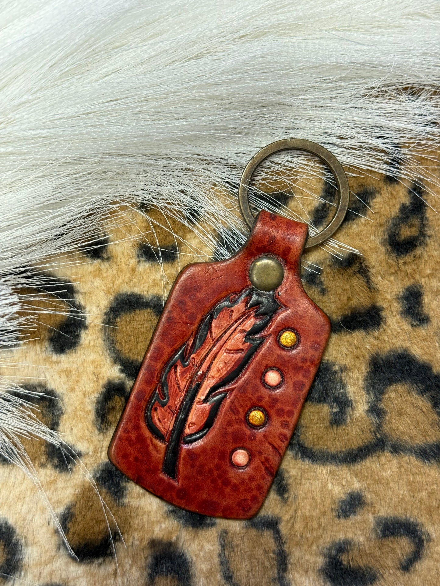 Copper Feather Leather Keychain