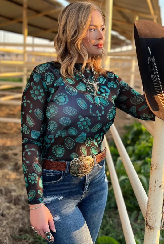 Turquoise Love Mesh Top