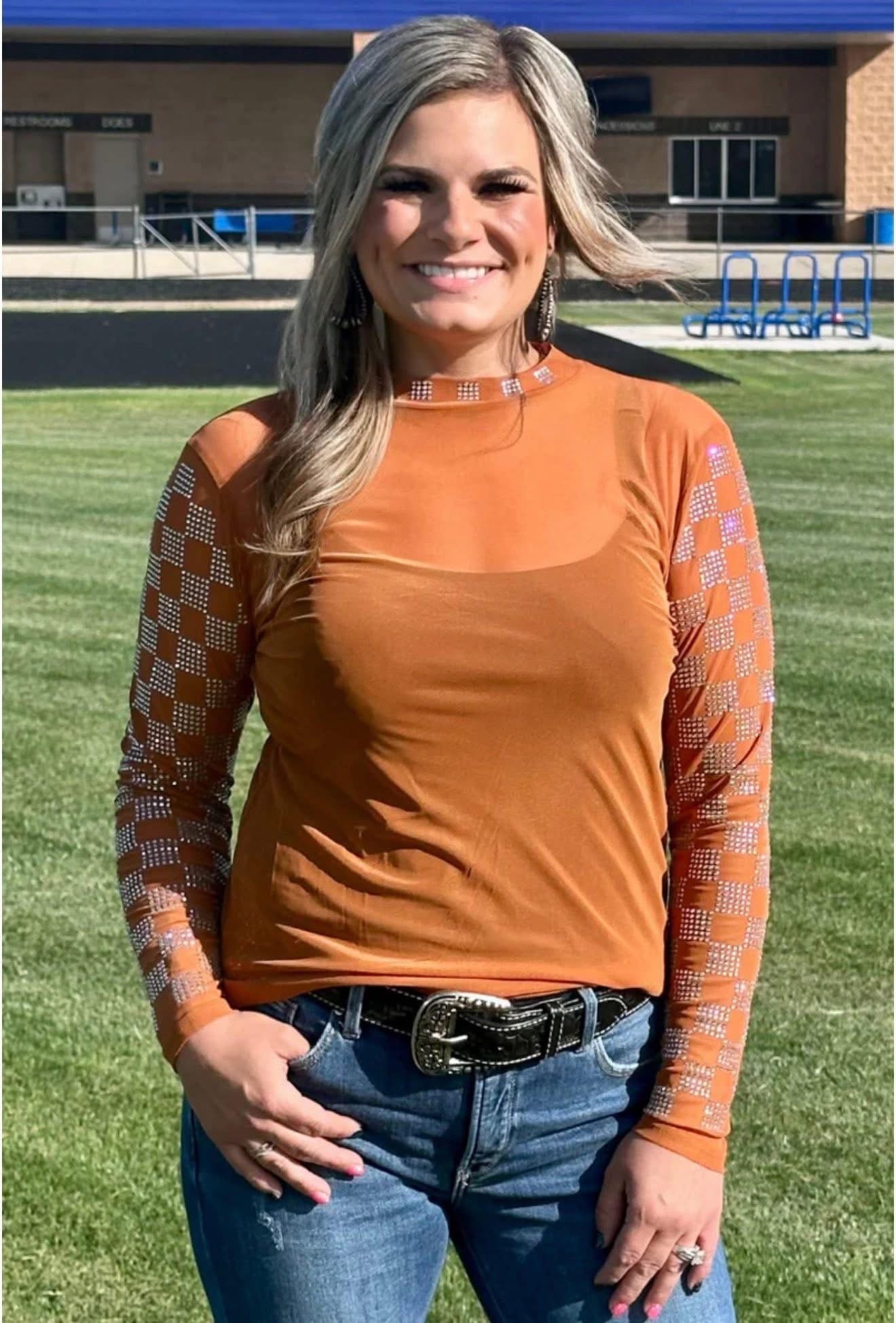 Copper Check Sparkle Mesh Top