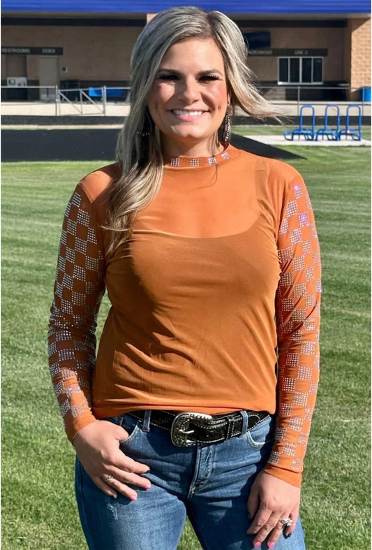 Copper Check Sparkle Mesh Top