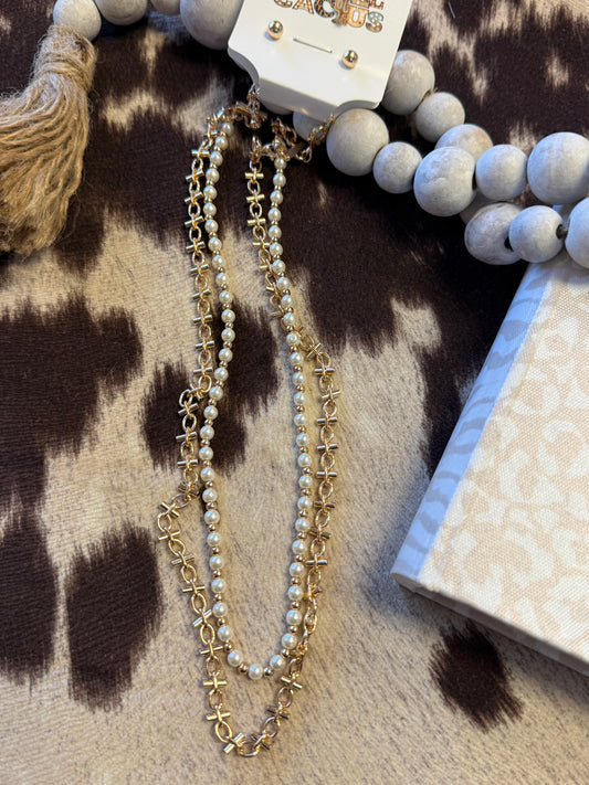 Water Resistant Pearl and Gold Layered Chain 16"-18" Necklace