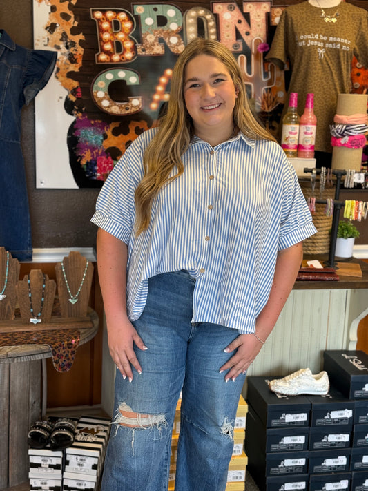 Baby Blue Buttoned Up Striped Top