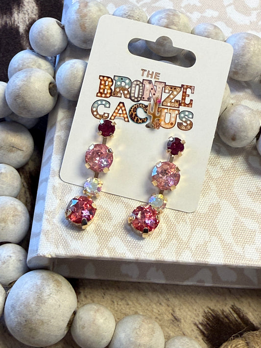 Dark and Light Pink Crystal 1" Stud Drop Earring