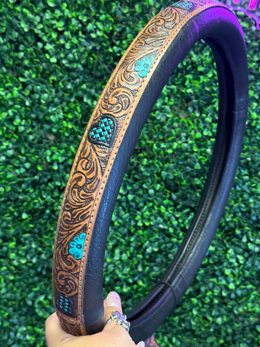 Tooled Turquoise Trail Steering Wheel Cover